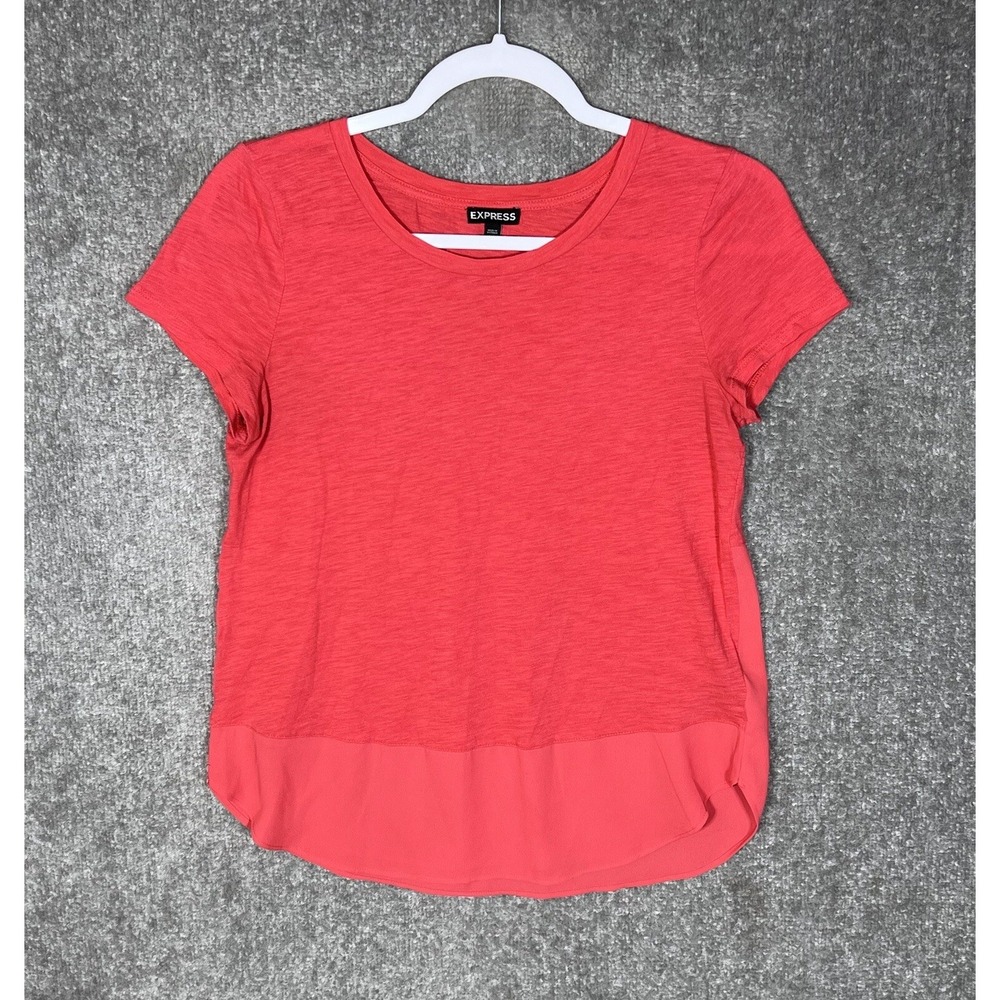 Express Chiffon Hem Top Womens Size Small Pink Coral Short Sleeve Pullover
